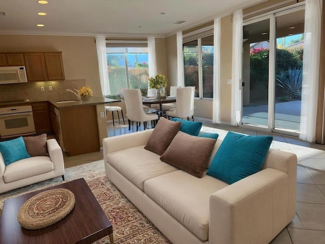 living room with light tile patterned floors, ornamental molding, and sink