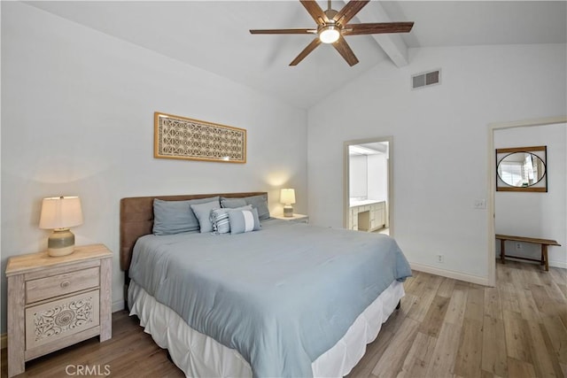 324 Sundance Cir, Palm Desert, CA 92211 - bedroom with ceiling fan, high vaulted ceiling, light hardwood / wood-style flooring, beamed ceiling, and connected bathroom