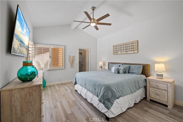 324 Sundance Cir, Palm Desert, CA 92211 - bedroom featuring beam ceiling, ceiling fan, high vaulted ceiling, a walk in closet, and light wood-type flooring