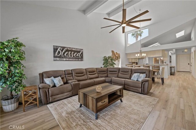 324 Sundance Cir, Palm Desert, CA 92211 - living room featuring beamed ceiling, ceiling fan with notable chandelier, light wood-type flooring, and high vaulted ceiling