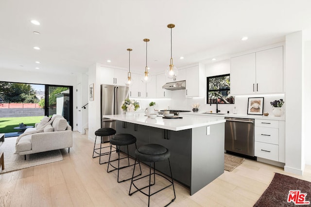 kitchen featuring light wood-type flooring, stainless steel appliances, pendant lighting, a center island, and white cabinetry