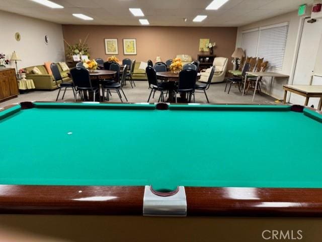 game room featuring light colored carpet and billiards