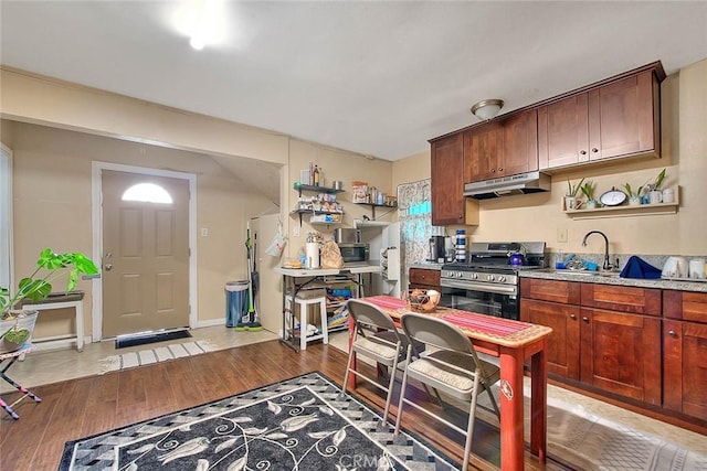 kitchen featuring light wood-type flooring, sink, and gas range