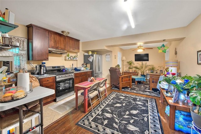 kitchen with ceiling fan, hardwood / wood-style floors, and appliances with stainless steel finishes