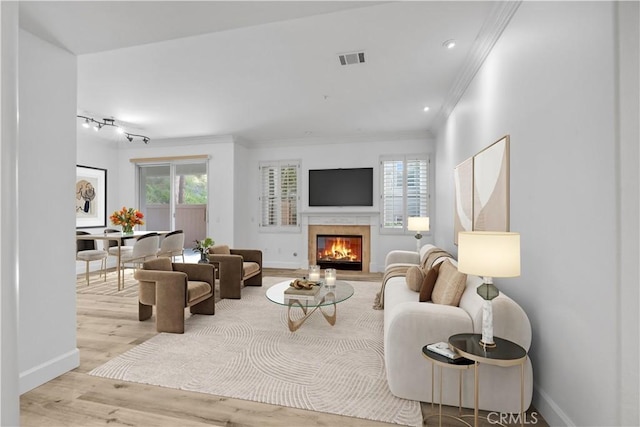 living room with crown molding and light hardwood / wood-style floors