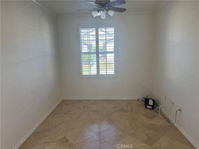 empty room with crown molding and ceiling fan