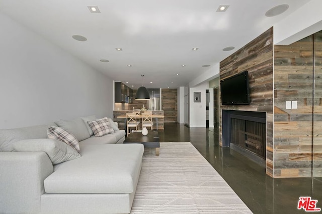 living room with a large fireplace