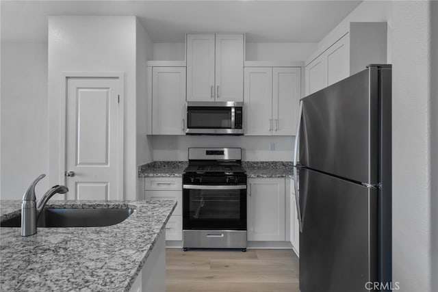 kitchen featuring light stone countertops, light wood-type flooring, stainless steel appliances, and sink