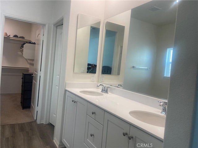 bathroom with vanity and wood-type flooring