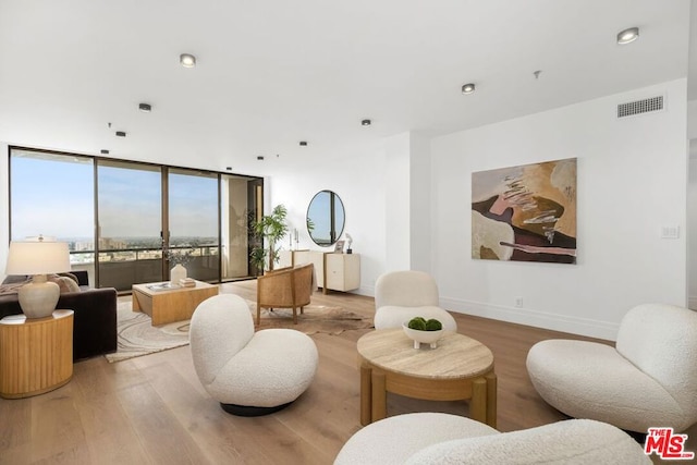 living room featuring a wall of windows and wood-type flooring