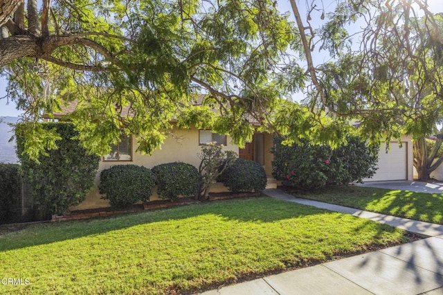 obstructed view of property featuring a front yard and a garage