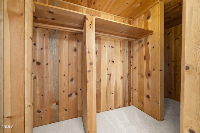 interior space with wooden ceiling, wood walls, and carpet flooring