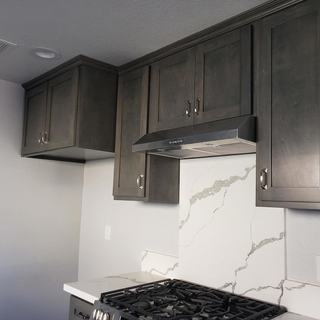 kitchen with gas stove and dark brown cabinetry