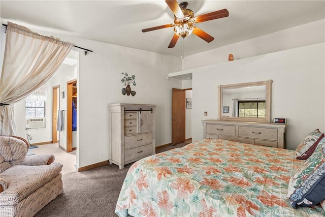 carpeted bedroom featuring a ceiling fan and baseboards