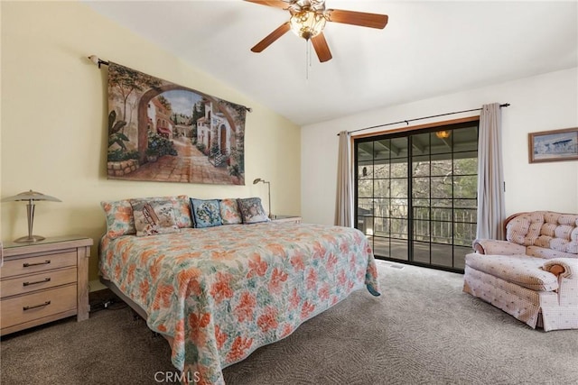 carpeted bedroom featuring lofted ceiling, access to exterior, and a ceiling fan