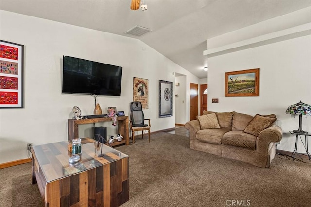 living area with visible vents, a ceiling fan, carpet, baseboards, and vaulted ceiling