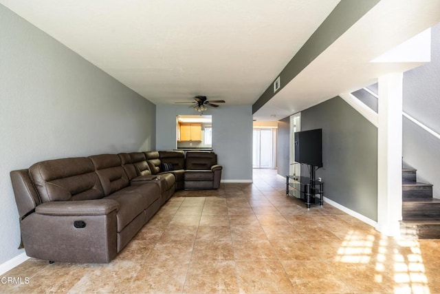 living room featuring ceiling fan