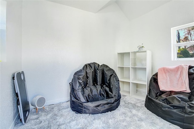 living area featuring carpet and lofted ceiling