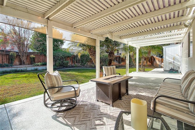 view of patio featuring an outdoor fire pit, a fenced backyard, and a pergola