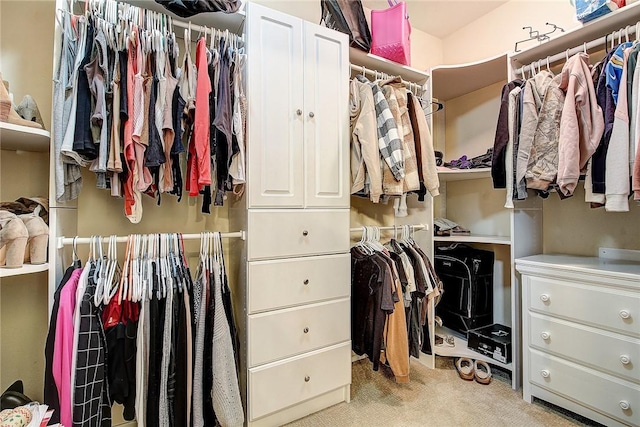 walk in closet with light carpet