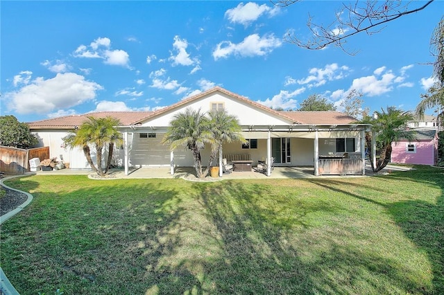 back of property featuring a pergola, a yard, outdoor lounge area, and a patio