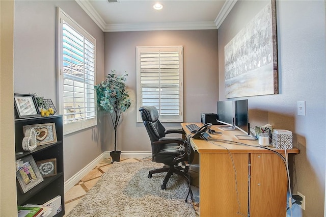 office space with crown molding and light tile patterned floors