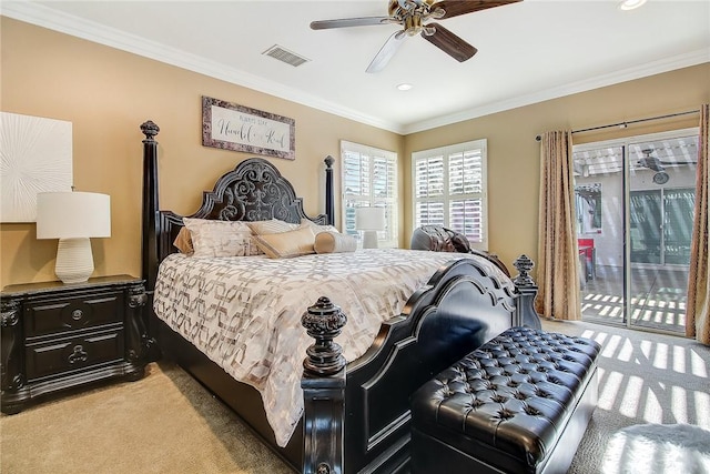 bedroom with access to exterior, ornamental molding, light colored carpet, and ceiling fan