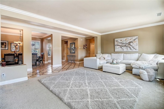 living room with crown molding and tile patterned floors