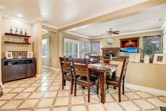 dining area with visible vents, baseboards, recessed lighting, ceiling fan, and ornamental molding