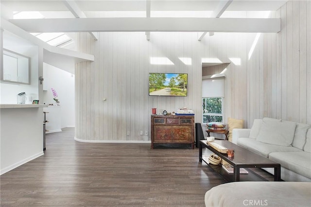253 Fairview St, Laguna Beach, CA 92651 - living area featuring baseboards, beamed ceiling, and wood finished floors