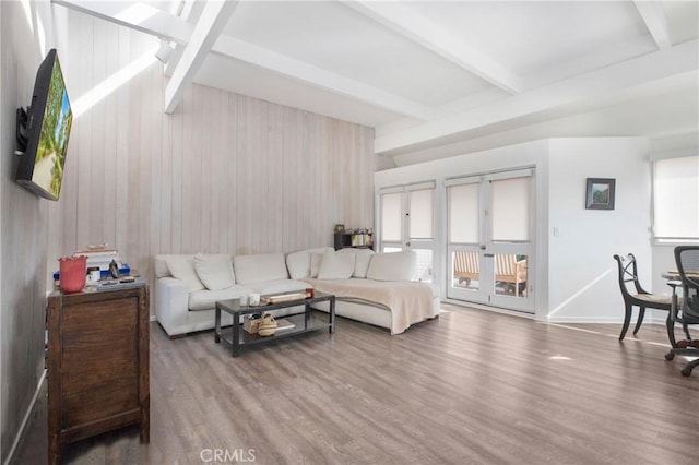 253 Fairview St, Laguna Beach, CA 92651 - living area featuring wood finished floors, french doors, wooden walls, and beam ceiling