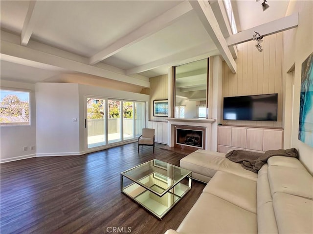253 Fairview St, Laguna Beach, CA 92651 - living area featuring dark wood finished floors, beam ceiling, baseboards, and a wealth of natural light