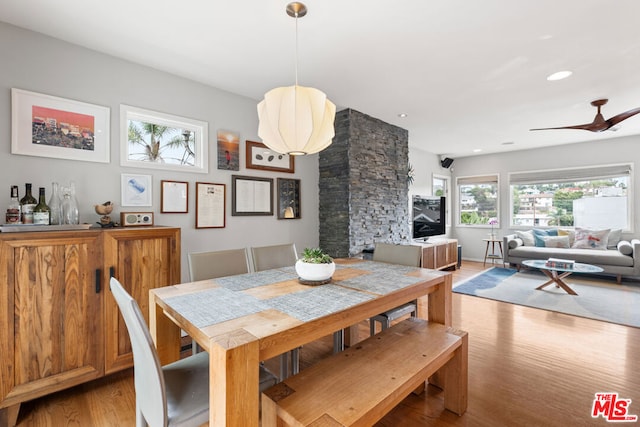 dining room with ceiling fan, light hardwood / wood-style flooring, and a healthy amount of sunlight