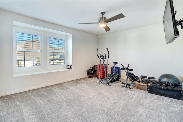 exercise room featuring carpet and ceiling fan