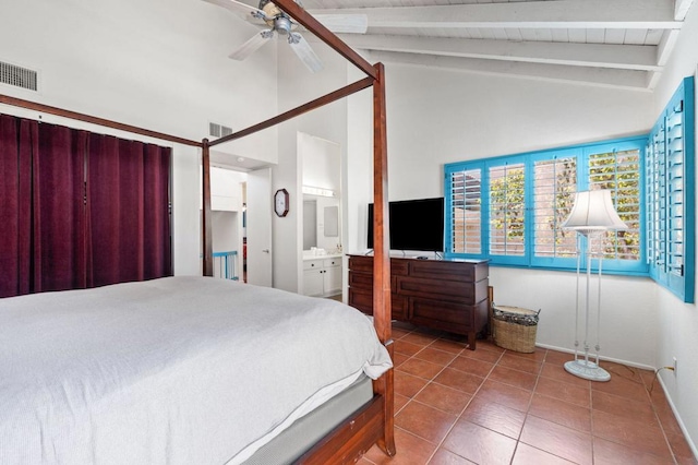 bedroom featuring high vaulted ceiling, tile patterned floors, ceiling fan, connected bathroom, and beam ceiling