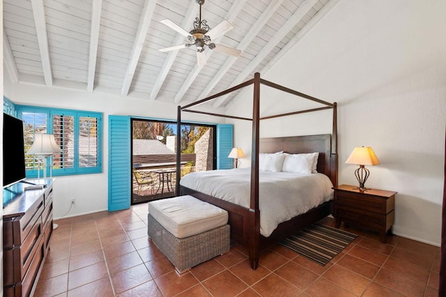 bedroom featuring beam ceiling, high vaulted ceiling, multiple windows, and ceiling fan