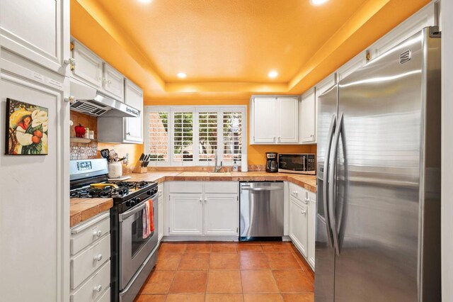 kitchen featuring white cabinetry, stainless steel appliances, and extractor fan