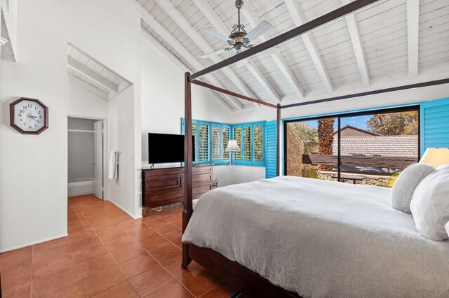 tiled bedroom featuring beam ceiling, high vaulted ceiling, ceiling fan, and wood ceiling