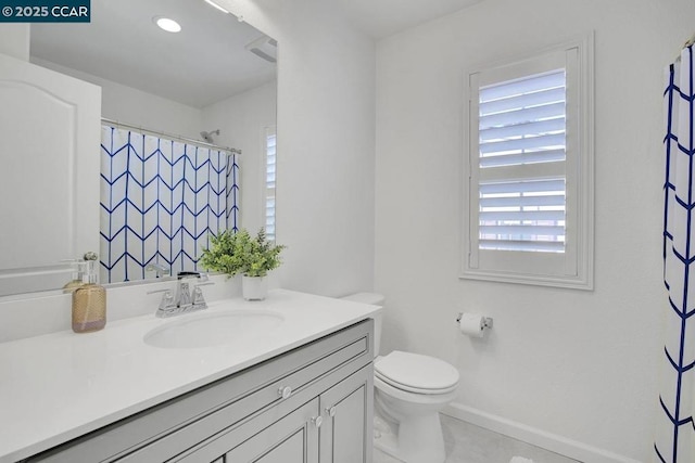 bathroom with toilet, walk in shower, tile patterned floors, and vanity