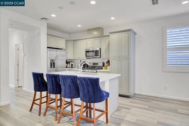 kitchen with light wood-type flooring, a kitchen island with sink, gray cabinets, and stainless steel appliances