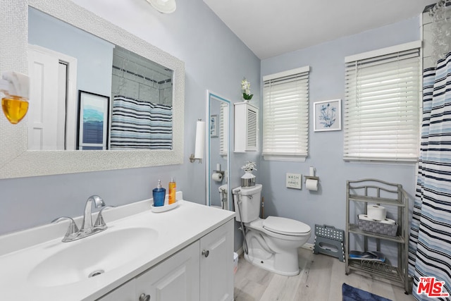 bathroom with hardwood / wood-style flooring, vanity, toilet, and a shower with shower curtain