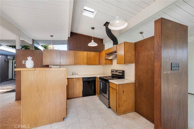 kitchen featuring electric stove, vaulted ceiling with skylight, sink, black dishwasher, and hanging light fixtures