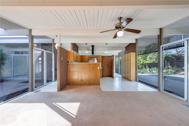 interior space featuring a wealth of natural light, a wall of windows, and light carpet