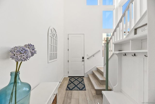 mudroom featuring a towering ceiling and light wood-type flooring