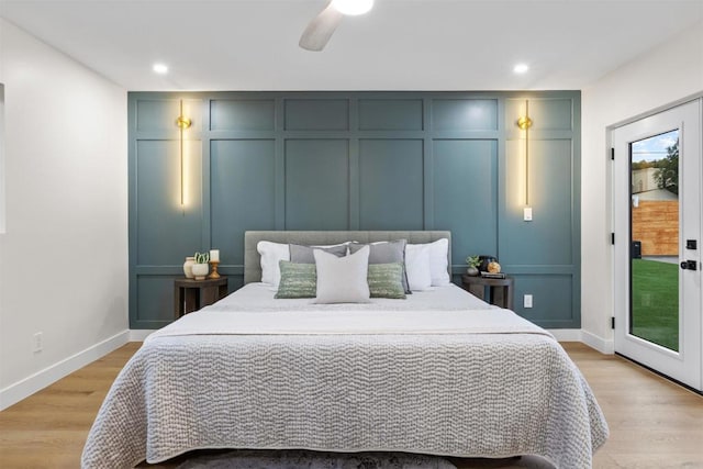 bedroom featuring ceiling fan, access to exterior, and light wood-type flooring