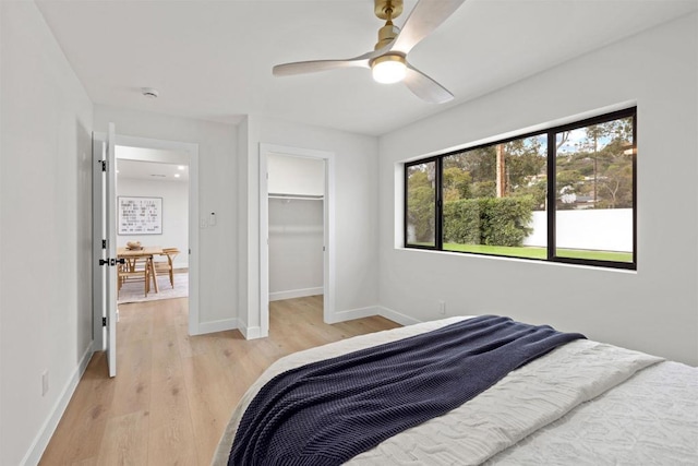 bedroom featuring ceiling fan, a walk in closet, a closet, and multiple windows