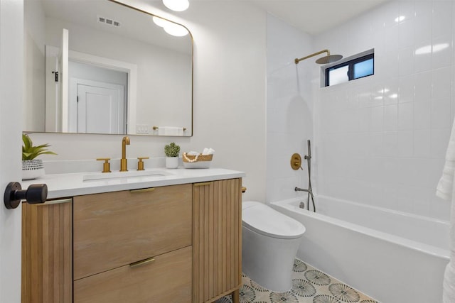 full bathroom with toilet, vanity, and bathing tub / shower combination