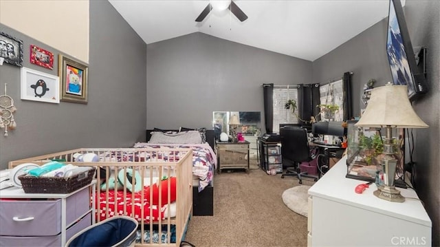 bedroom featuring ceiling fan, lofted ceiling, and carpet