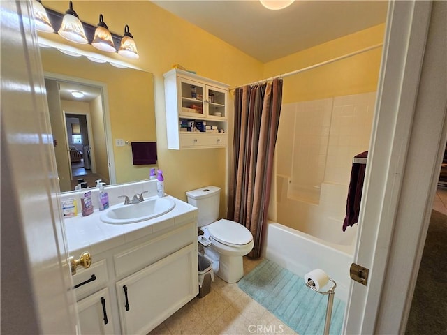 full bathroom with vanity, toilet, and shower / bathtub combination with curtain