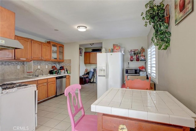 kitchen with tasteful backsplash, stainless steel appliances, tile counters, and sink